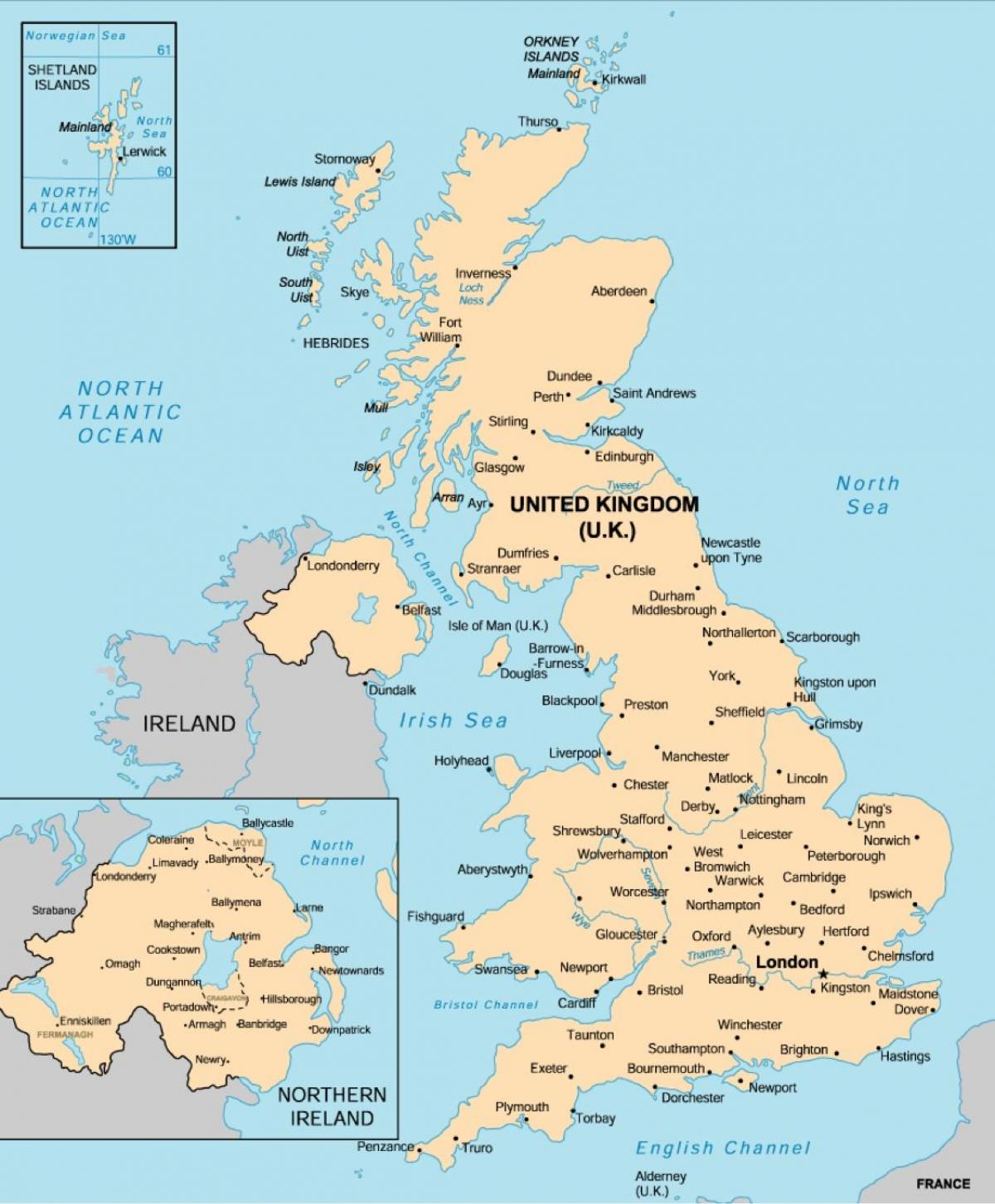 Karte des Vereinigten Königreichs (UK) mit den wichtigsten Städten