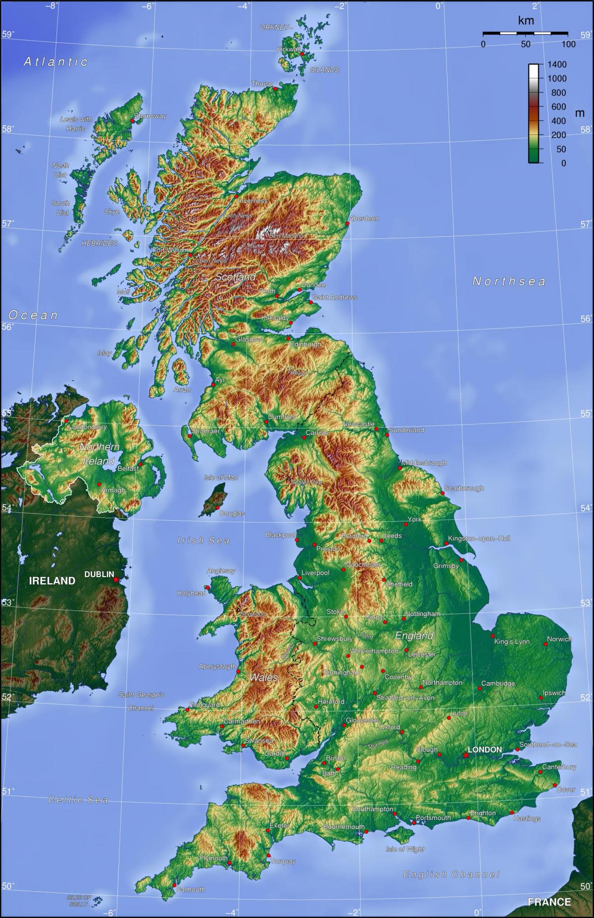 Topographische Karte von Vereinigtes Königreich (UK)